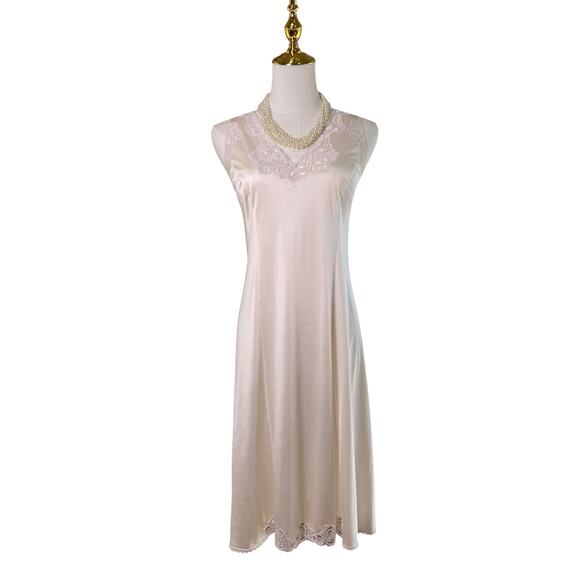 Vintage 60s FRENCH Artel Beige Nylon Lace Trim Wide Strap Full Slip Dress Size M - Picture 2 of 12